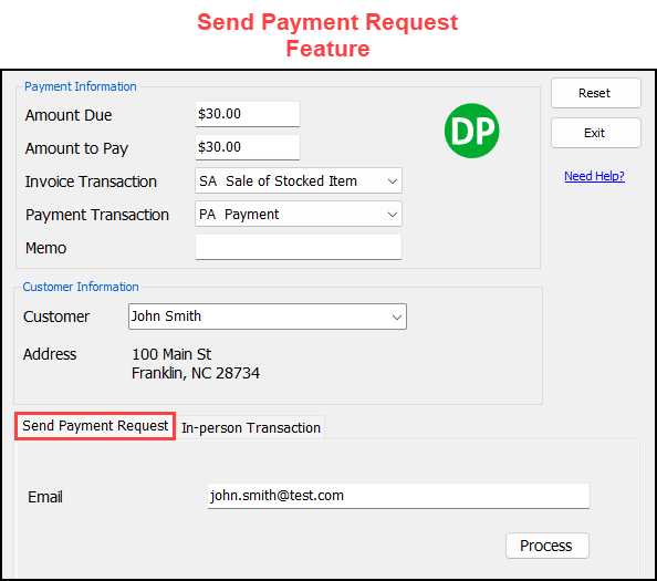 The Send Payment Request tab of the DAS Drake Pay window